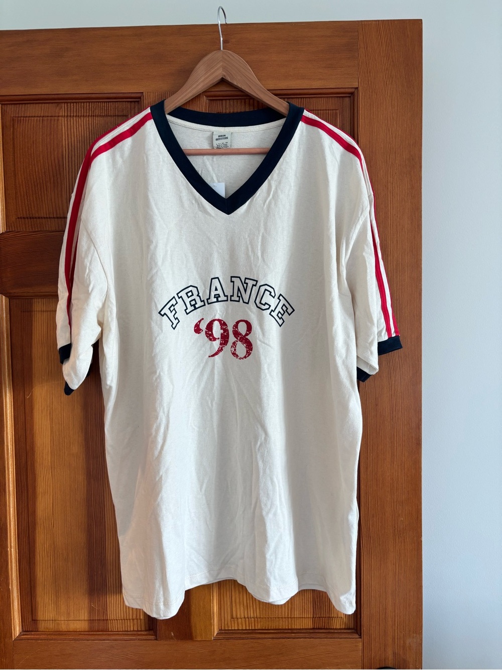 Urban Outfitters Cream V-Neck France '98 Tee with Red Stripes